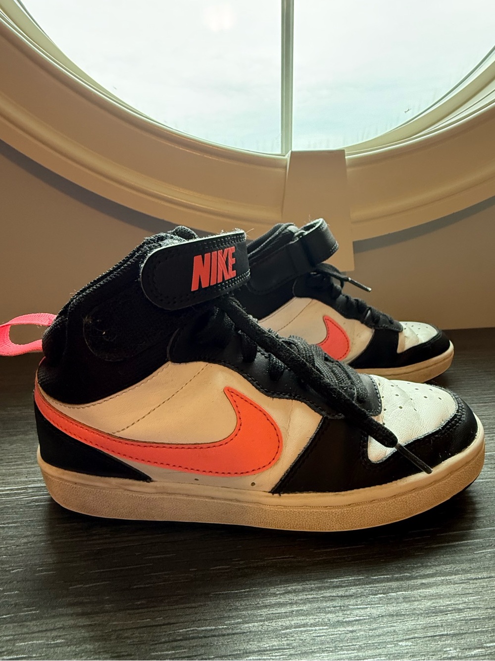 Nike Court Borough Mid 2 high-top sneakers in black, white and Sunset Pulse pink